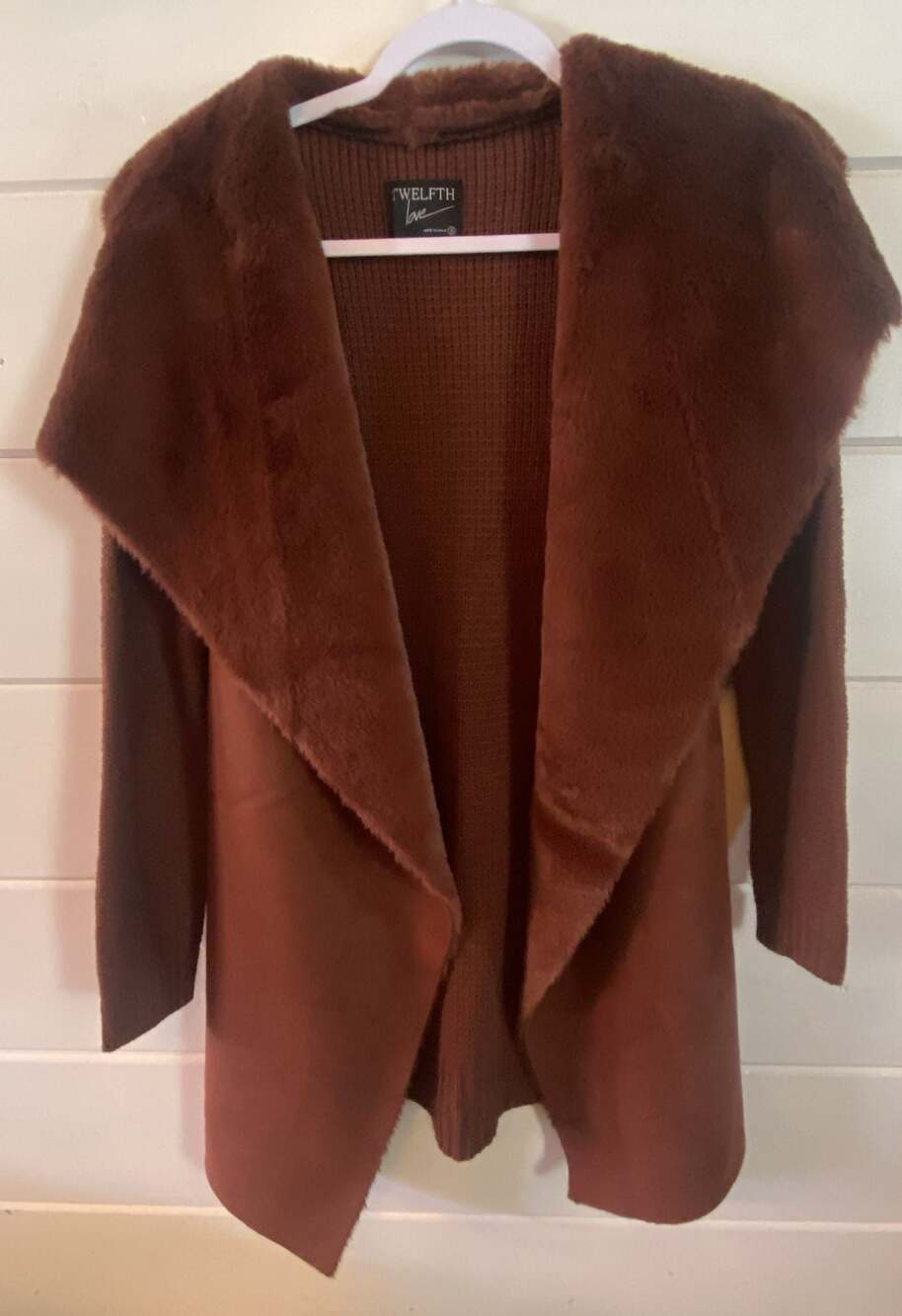 Twelfth Love Brown Faux Fur Trim Suede And Knit Cardigan Coat Size S